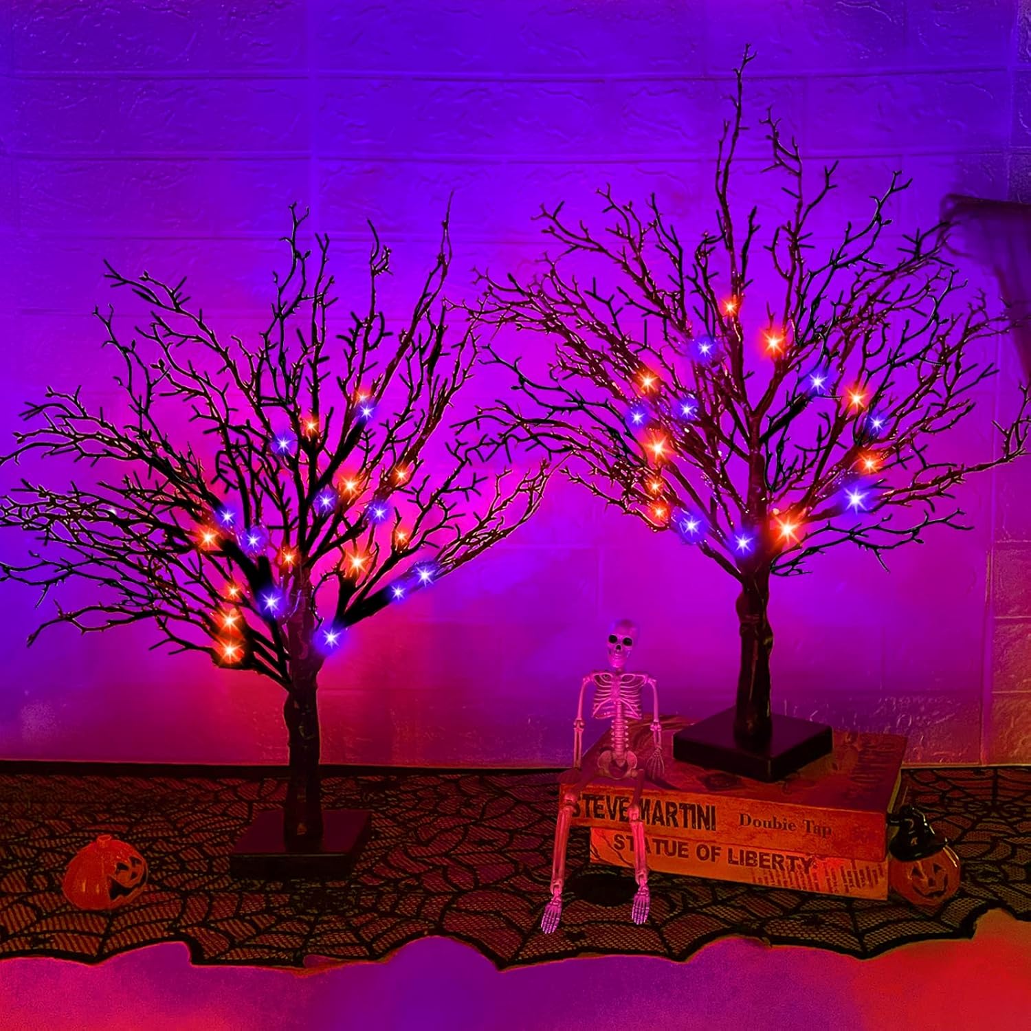 Trees - TURNMEON 2 Pack 24 Inch Orange & Purple Lighted Halloween Tree Decor with Timer Total 48LED Battery Operated Spooky Artificial Black Twigs Tree Tabletop Halloween Decorations Indoor Home Party Holiday