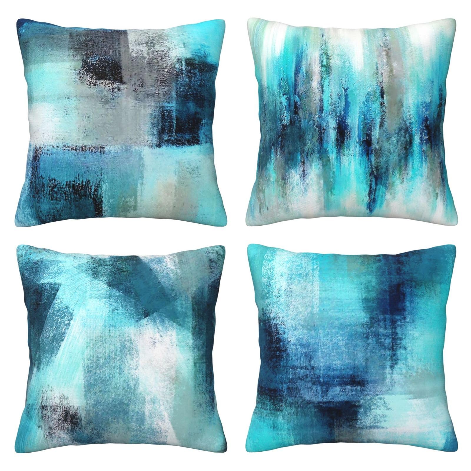QUALKNOY Velvet Blue Green Cushion Covers 45x45cm Set of 4 Modern Abstract Art Decorative Throw Pillow Cases 18x18 inches for Living Room Sofa Garden Outdoor Courtyard Decor Pillowcases