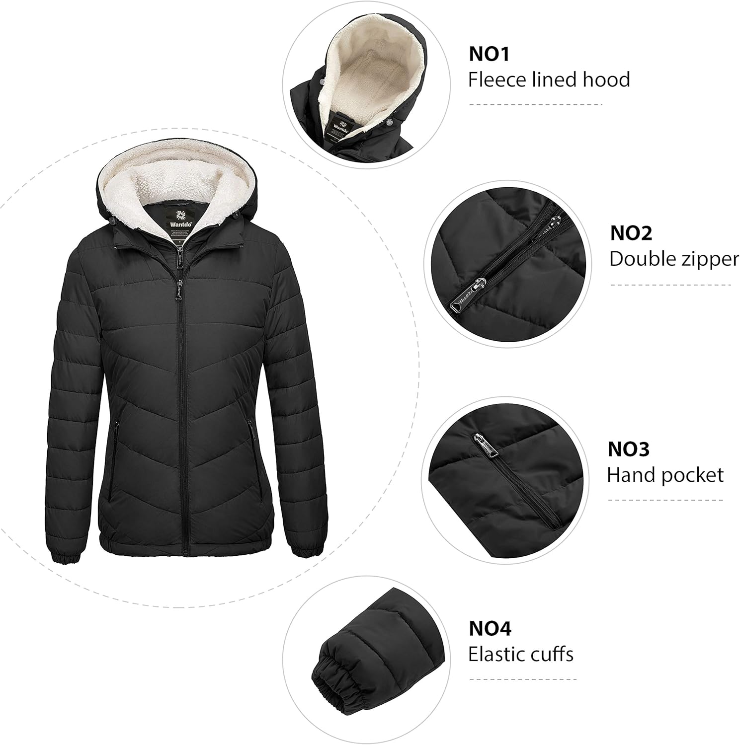 Wantdo Women's Quilted Winter Coats Hooded Warm Puffer Jacket with Fleece Hood: Clothing