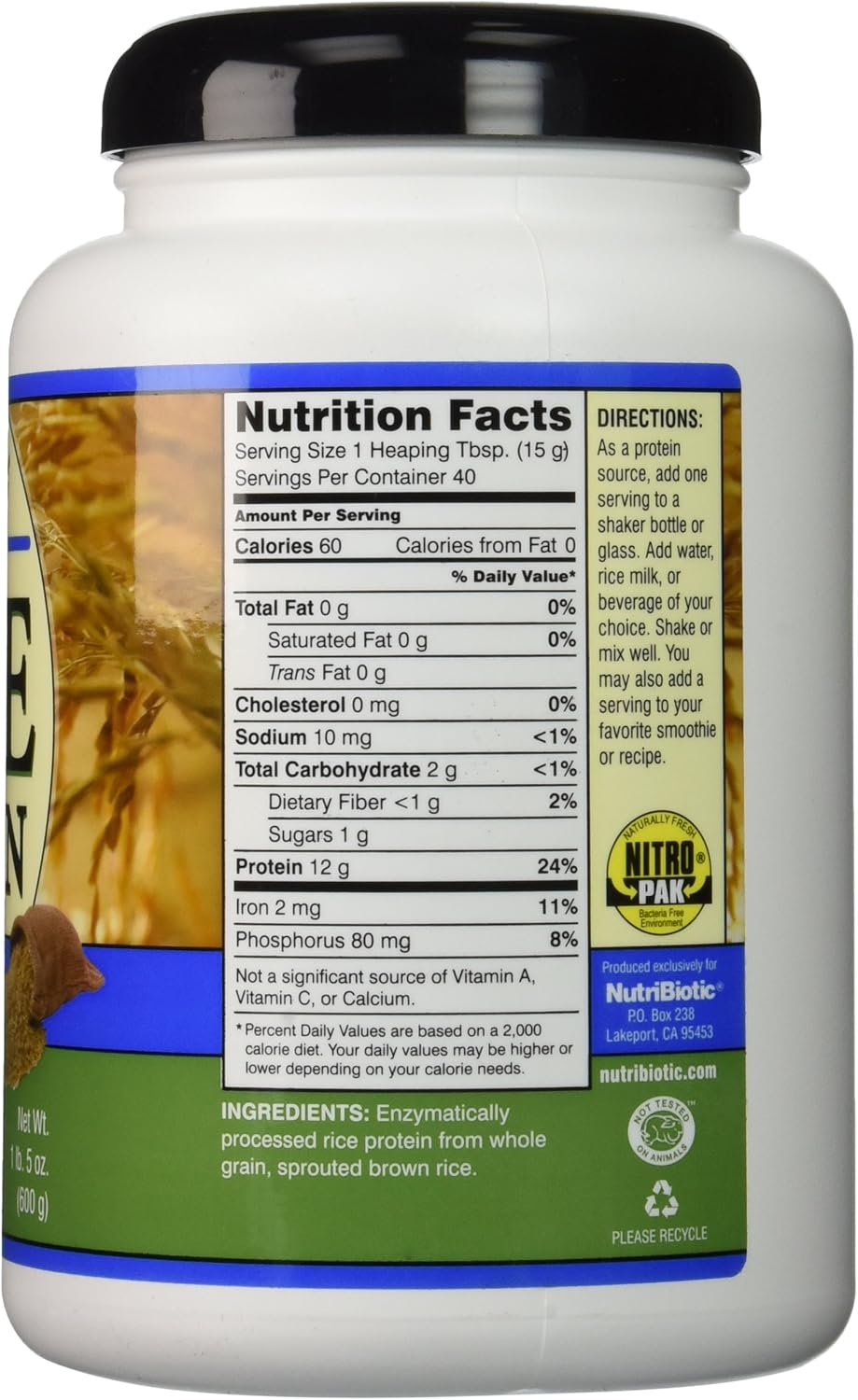 NutriBiotic Vegan Rice Protein, 1 lb. 5 oz (600 g): Health & Personal Care