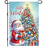 BlissYard Christmas Santa Garden Flag 12x18 Inch Welcome Holiday Santa Claus Tree Outdoor Flag Double Sided Hello Winter Yard Banner with Snowflakes and Gifts for Porch Lawn Patio