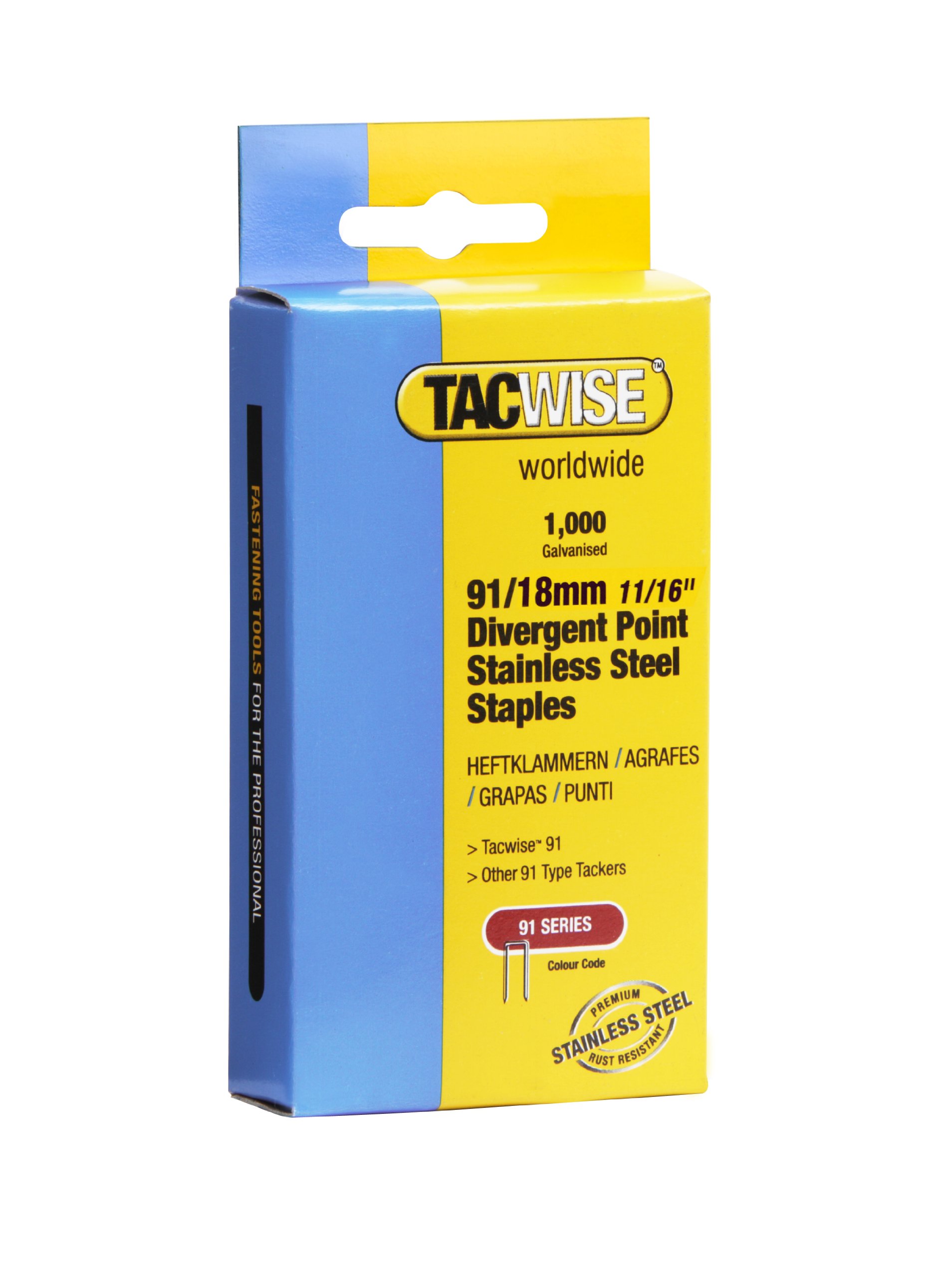 Tacwise 1069 Type 91 / 18 mm Stainless Steel Narrow Crown Staples, Divergent Point, Pack of 1,000