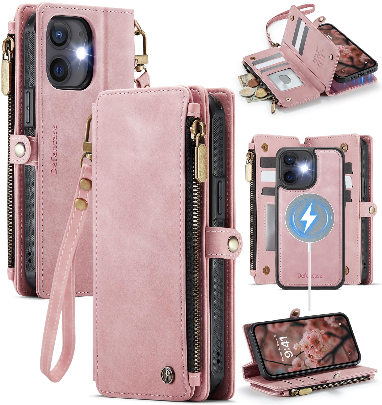 Photo 1 of Defencase for iPhone 12/ Pro Magnetic Wallet Case Compatible with Magsafe with RFID Blocking Zipper Strap Card Holder for Women, PU Leather Detachable Case for iPhone 12 & 12 Pro 6.1 inches, Rose Pink