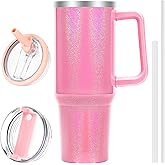 QDXMD 40 oz Tumbler with Handle and Flip Straw Lid, Vacuum Insulated Leak Proof Double Walled Stainless Steel Glitter Travel Mug Tumblers, Maintains Cold Ice and Heat for Hours(Pink)