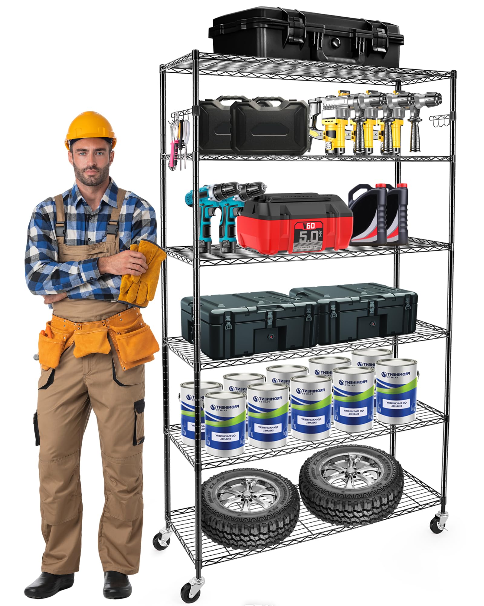 YNN Storage Shelves,2100Lbs 6 Tier Heavy Duty Metal Rolling Shelving ...