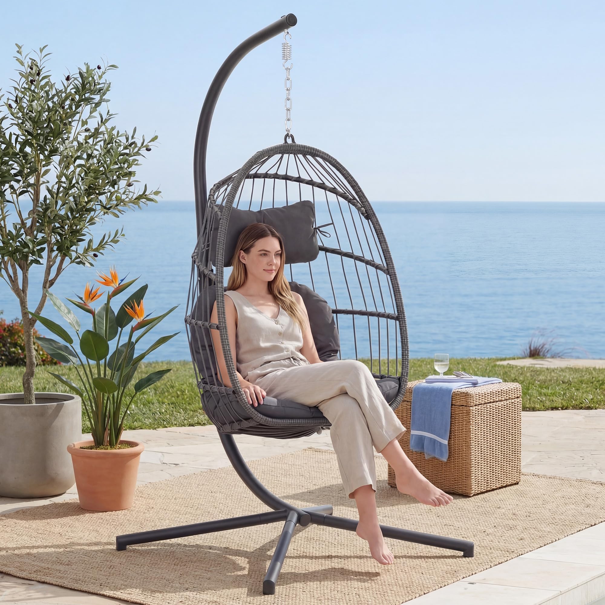 Yechen Indoor Outdoor Egg Hanging Chair with Stand, Patio Wicker Swing Egg Chair Indoor Swinging Chair Outdoor Hammock Egg Chair 350lbs Capacity for Patio Bedroom Balcony, Charcoal Grey (EG-001) Image
