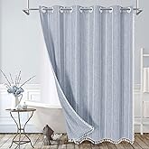 MitoVilla No Hooks Required Boho Farmhouse Shower Curtain with Snap-in Liner, Cotton Linen Fabric Shower Curtains with Tassels for Rustic Neutral Bathroom Decor, Blue, 72 x 74
