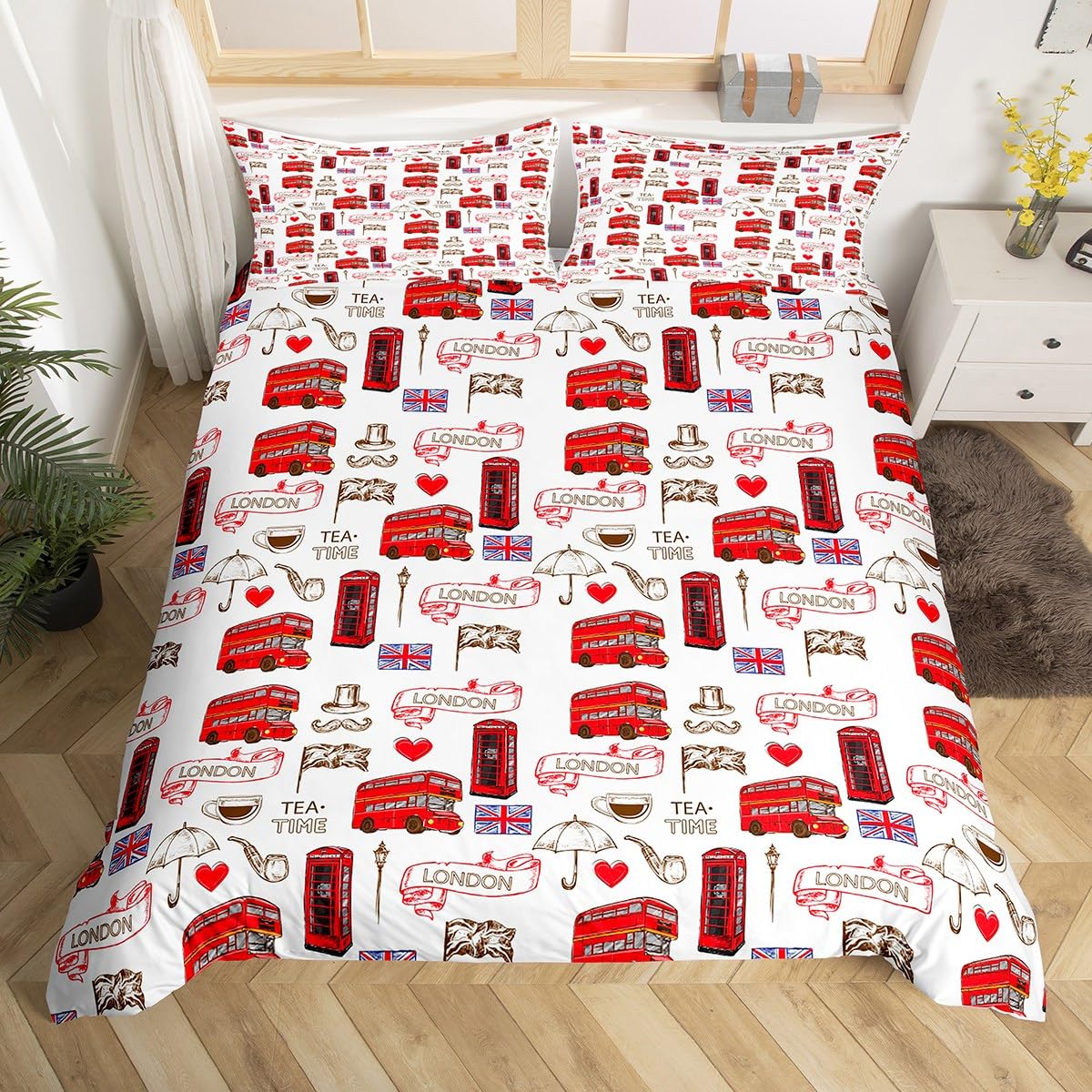 Homemissing British Duvet Cover Set London Urban Bedding Set for Kids Boys Girls Decor Red Bus Comforter Cover Set Microfiber England Flag Bedspread Cover Retro Telephone Booth Bedclothes Single