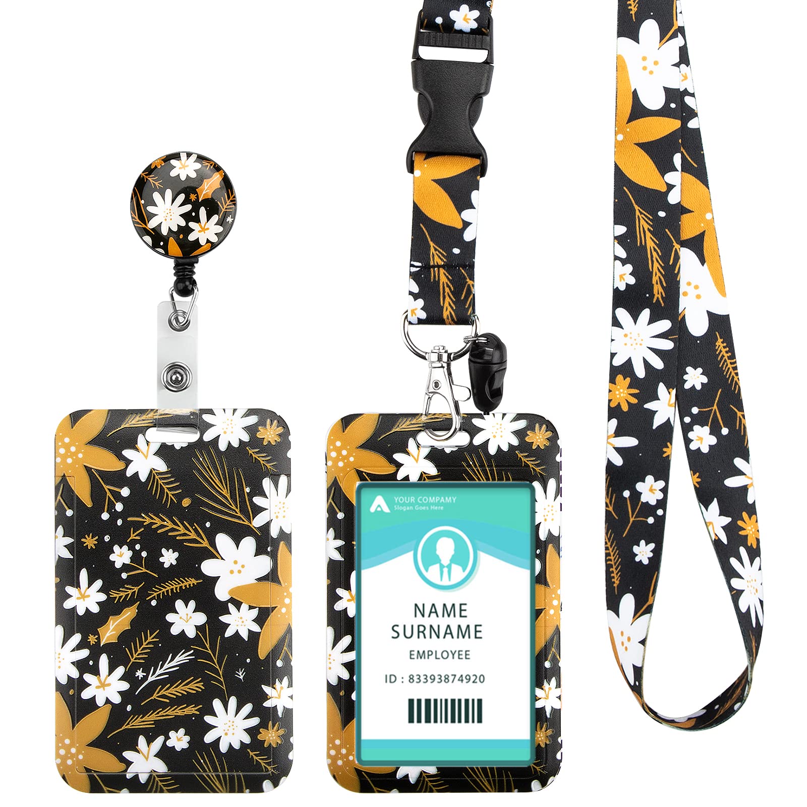 Lanyard with Card Holder, Adjustable Retractable Lanyards ID Badge Holder, for ID Card, Office, School(White Flower) โ image 1