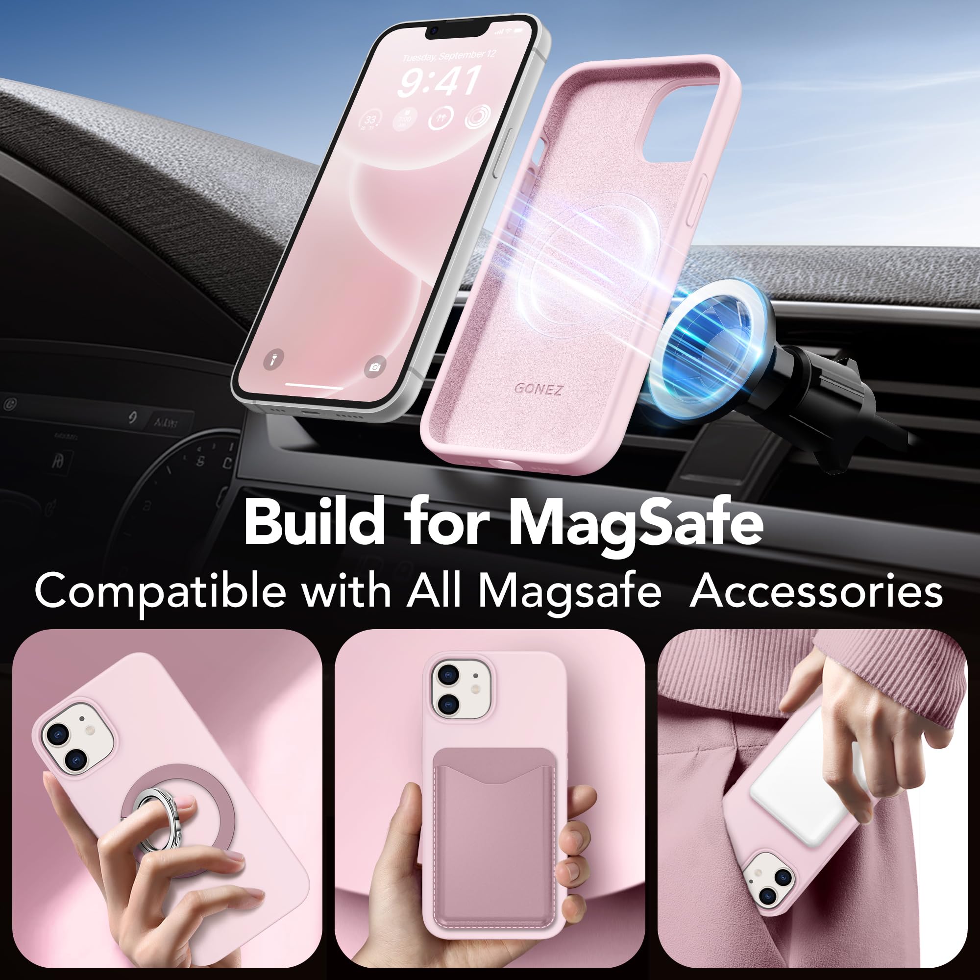 GONEZ Magnetic for iPhone 12 Case / 12 Pro Case, Compatible with MagSafe, [Screen Protector + Camera Lens Protector], Silicone Shockproof Anti-Scratch Protective Phone Case 6.1 inch, Chalk Pink