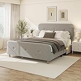 viplov Queen Size Platform Bed Frame with Velvet Upholstered Headboard, Button Tufted Headboard and Footboard, Anti-Collision Soft Rounded Corners, No Box Spring Needed, Easy Assembly, Light Gray
