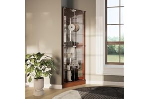 BELLEZE Lighted Corner Display Curio Cabinet Wooden Shelving Unit with Tempered Glass Door, Bar and Liquor Storage Area with 6 Shelves - Woody (Oak)