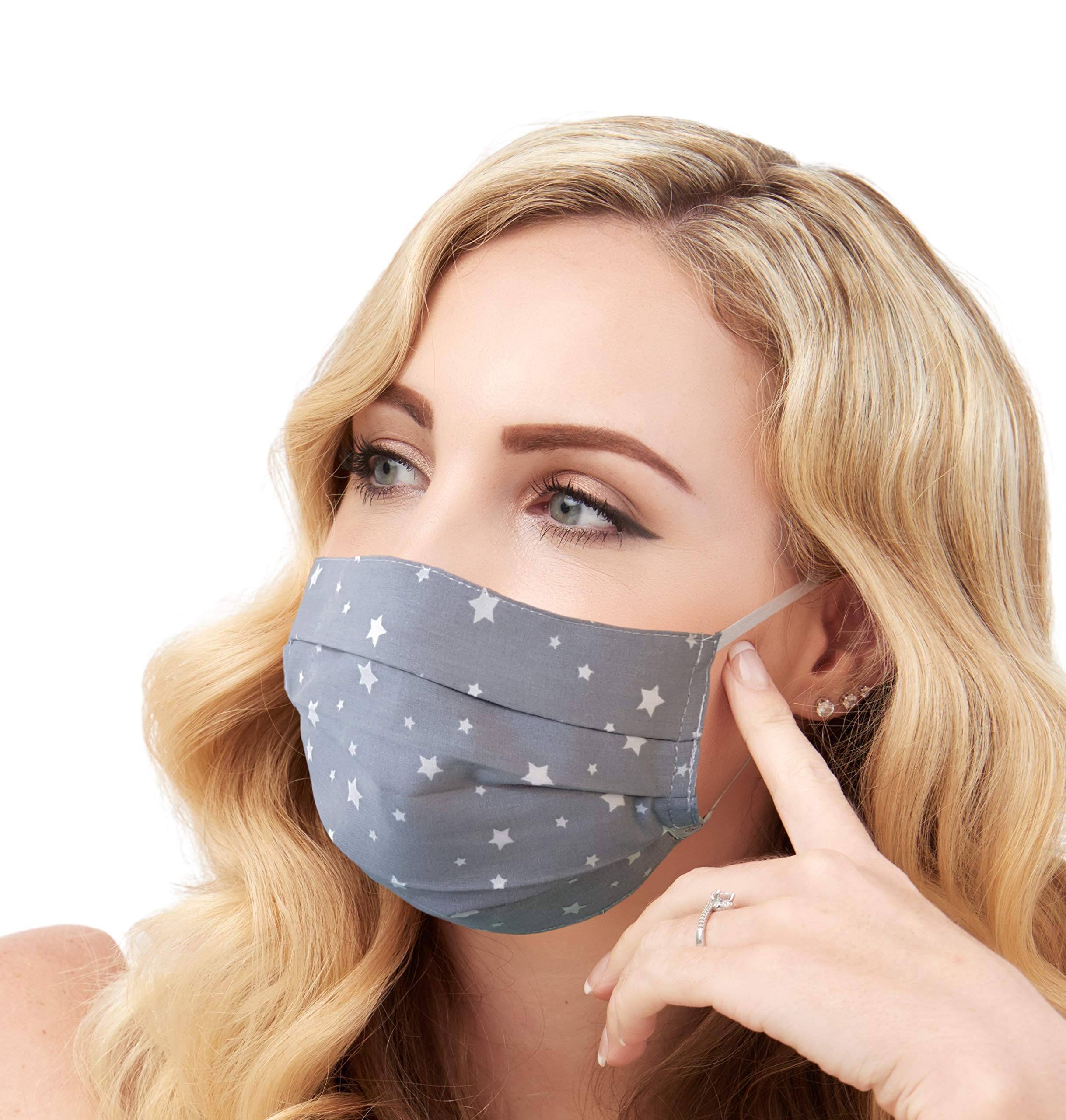 Lilind® Face Mask, Comfortable Gift, Handmade in UK, Breathable Soft Cloth, Reusable and Washable Covering, 100% Cotton, Gray Stars Print