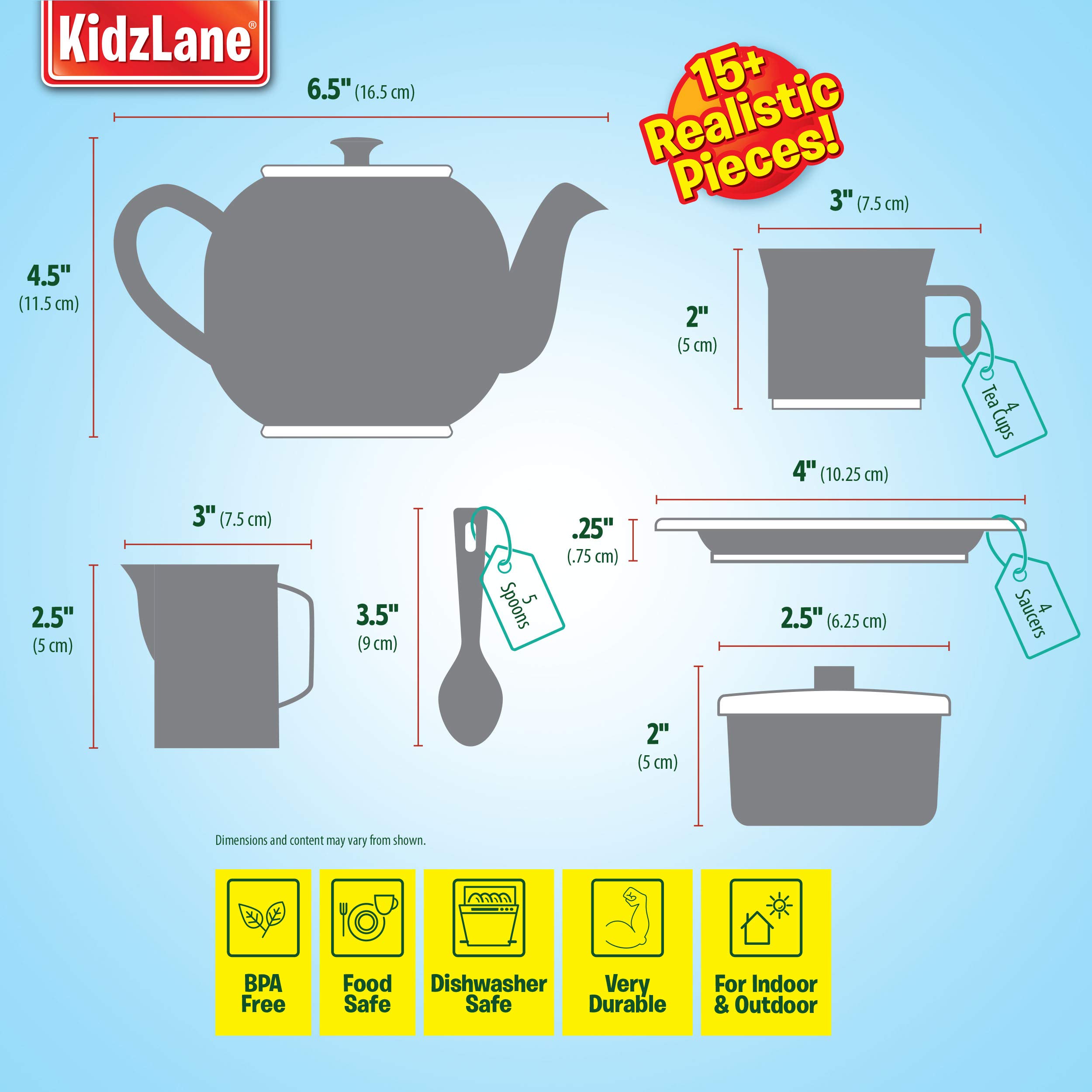 Kidzlane Play Tea Set, 15+ Durable Plastic Pieces, Safe and BPA Free for Childrens Tea Party and Fun