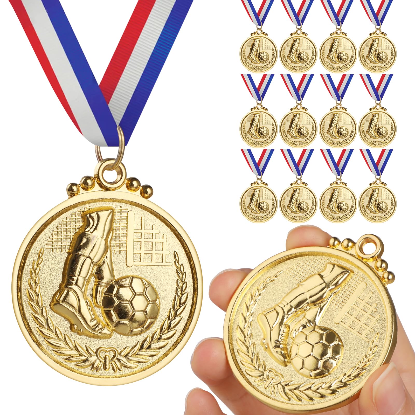GeeRic 12Pcs Gold Football Medal with Neck Ribbons, Soccer Game Medals Prizes Star Gold Prizes for Sports, Competitions, Party, Olympic Style,Soccer