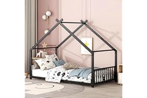 BELLEMAVE House Beds for Kids, Twin Size Floor Bed Frame Metal Montessori Beds with Headboard & Footboard for Children Boys Girls Teens, Black