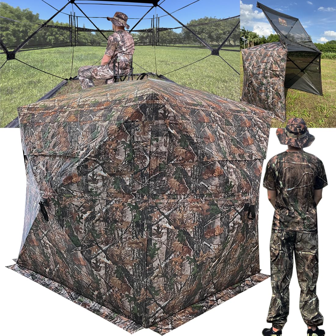 Photo 1 of LUCKUNTER 360 Degree See Through Hunting Blind Extra Large Tall (78X78X80 inch) 2/3/4 Person Ground Camouflage Pop Up Hunting Blind for Turkey Deer Hunting