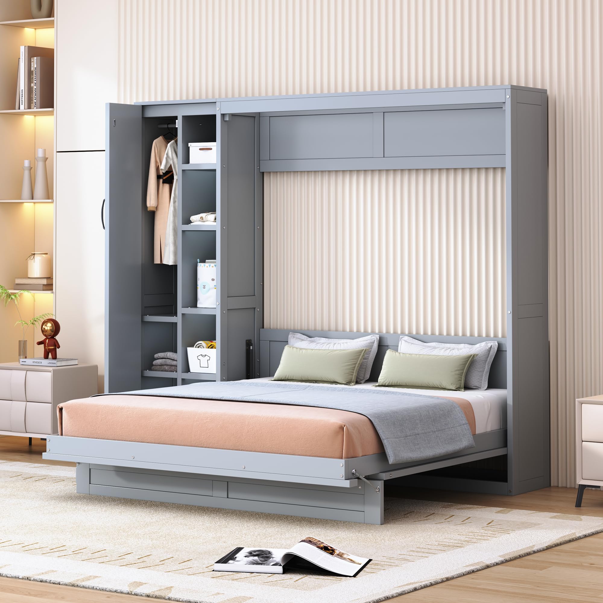 Photo 1 of ***PARTIAL SET - PRICE ADJUSTED***
DERCASS Wall Bed with Shelves, Murphy Bed with Wardrobe and LED Lights for Guest Room, Bedroom?No Boxspring Needed (Gray, Queen (U.S. Standard))