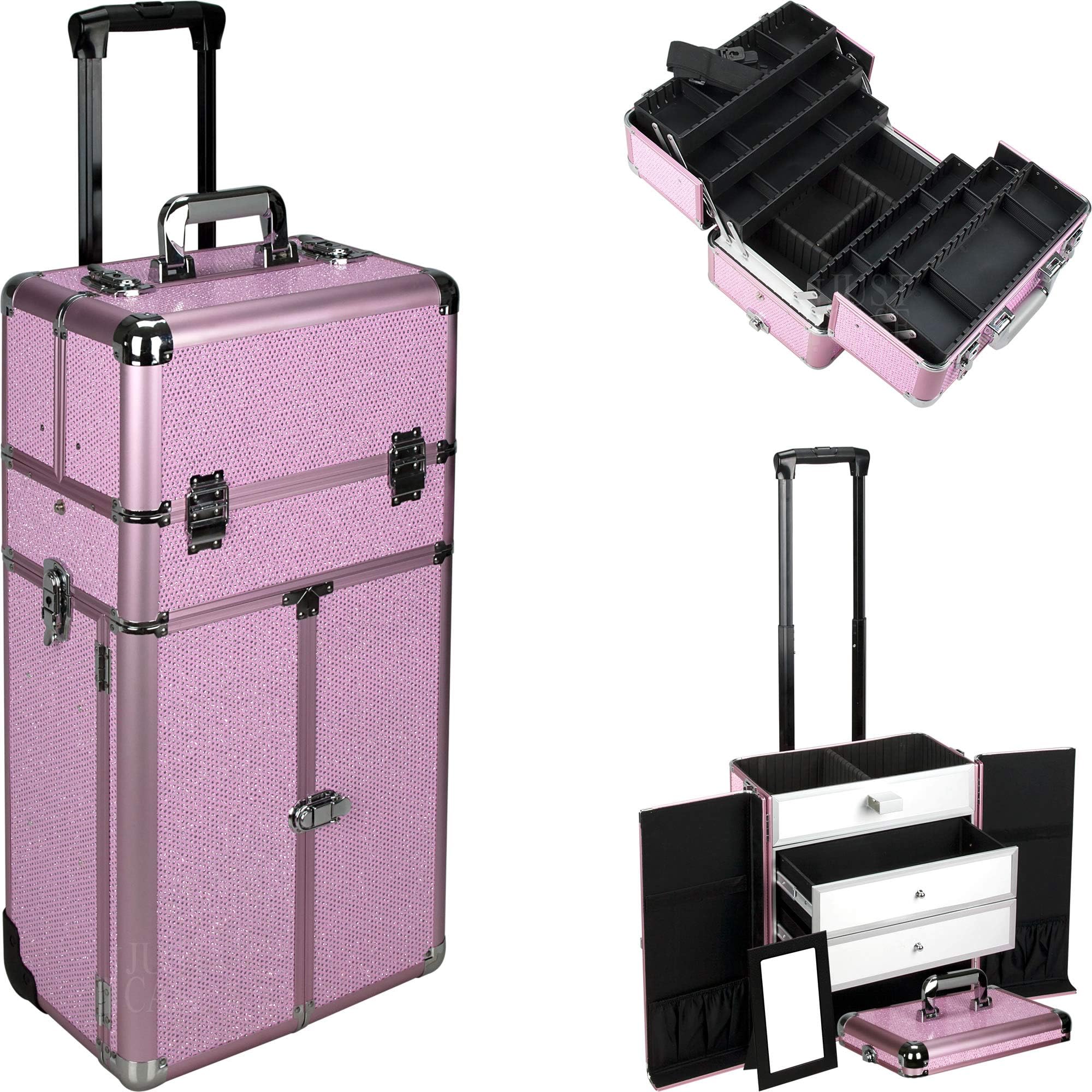 Justcase I3466 2 In 1 Professional Rolling Trolley Wheel Makeup Artist Cosmetic Nail Case Organizer Storage Extendable Trays Drawers Dividers, Krystal Pink