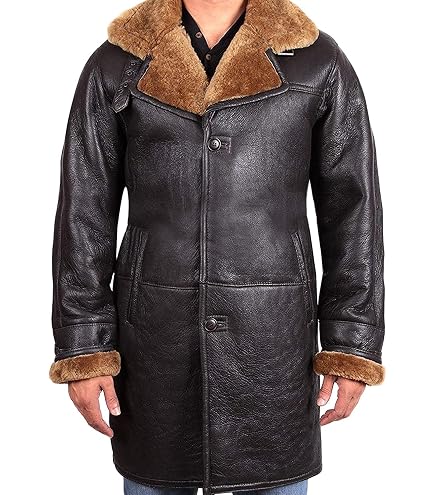Infinity Men's Brown Sheepskin Leather Detachable Hood Duffle Coat