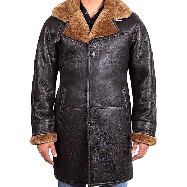 Infinity Men's Brown Sheepskin Leather Detachable Hood Duffle Coat