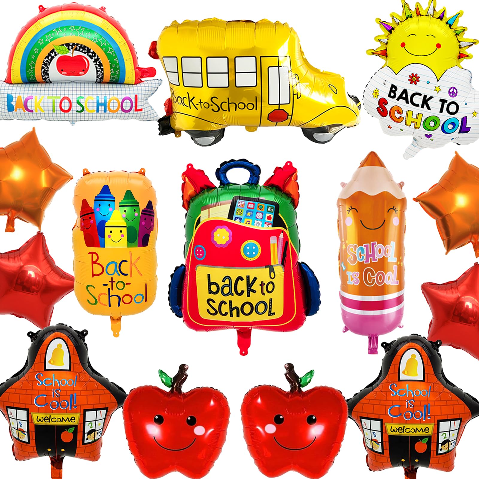 Photo 1 of 2025 New Back to School Balloons, Colorful Welcome Back to School Decorations include School Bus Pencil Crayon Star Rainbow Balloons etc, Back to School First Day of School Party Supplies