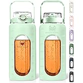 MIGHTY VESSEL 64 Oz Water Bottle with Time Marker & Straw - Light green Pregnancy 2 Liter Glass Water Bottles with Measurements - Daily intake bottle - Leakproof Borosilicate jug