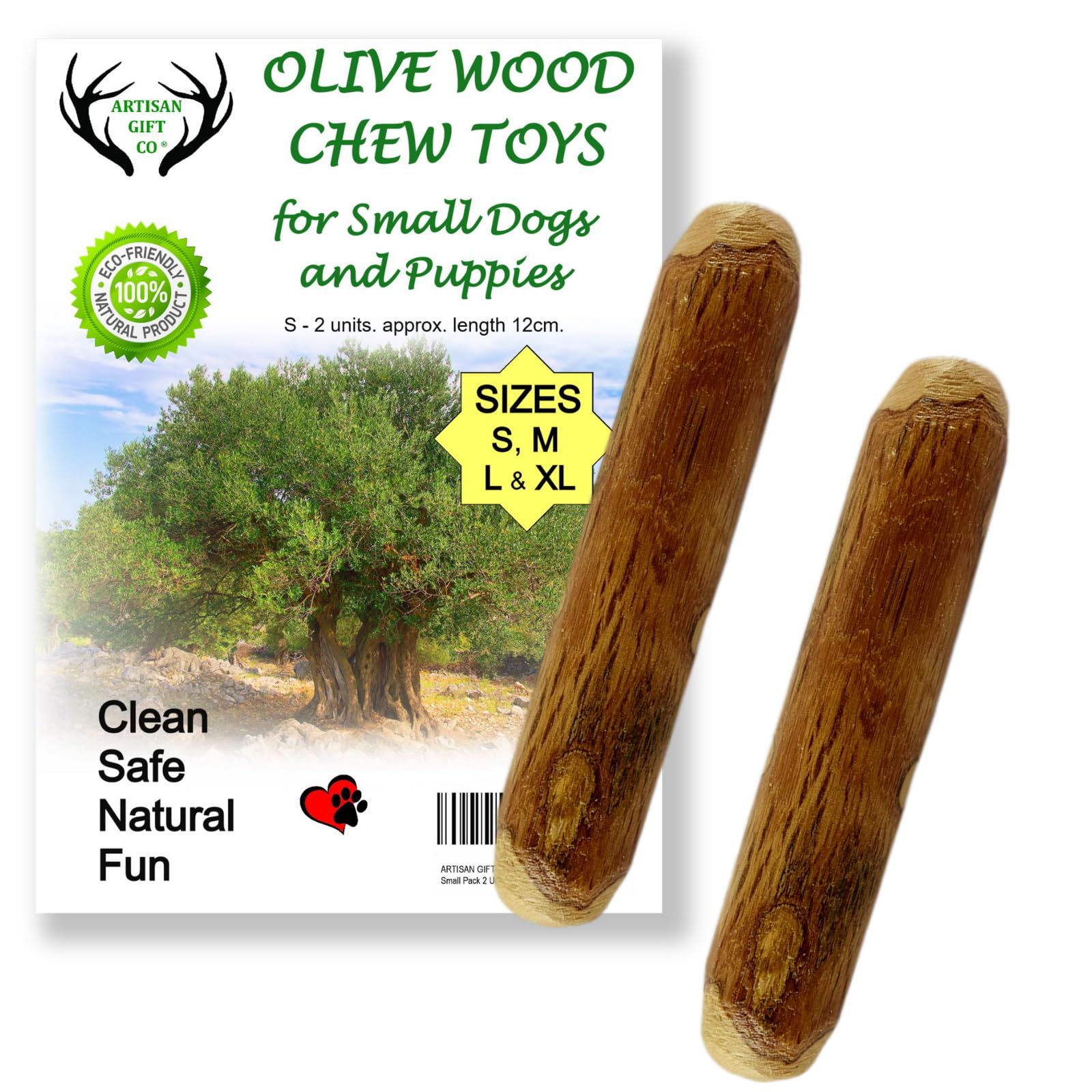 ARTISAN GIFT CO Natural Olive Wood Long Lasting Dog Chew. Puppy Teething Toy, Saving Pack 2 Sticks (Small) 12cm