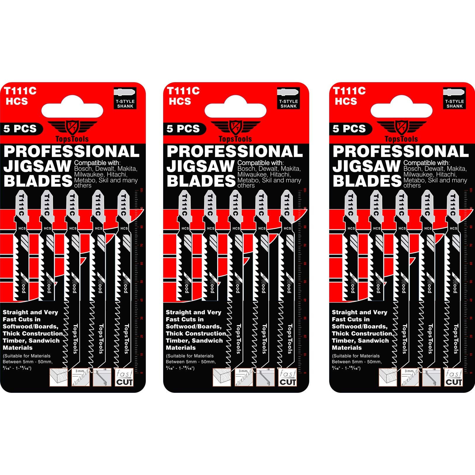 15 x TopsTools T111C 100mm Jigsaw Blades Designed for Fast Coarse Cuts in Wood