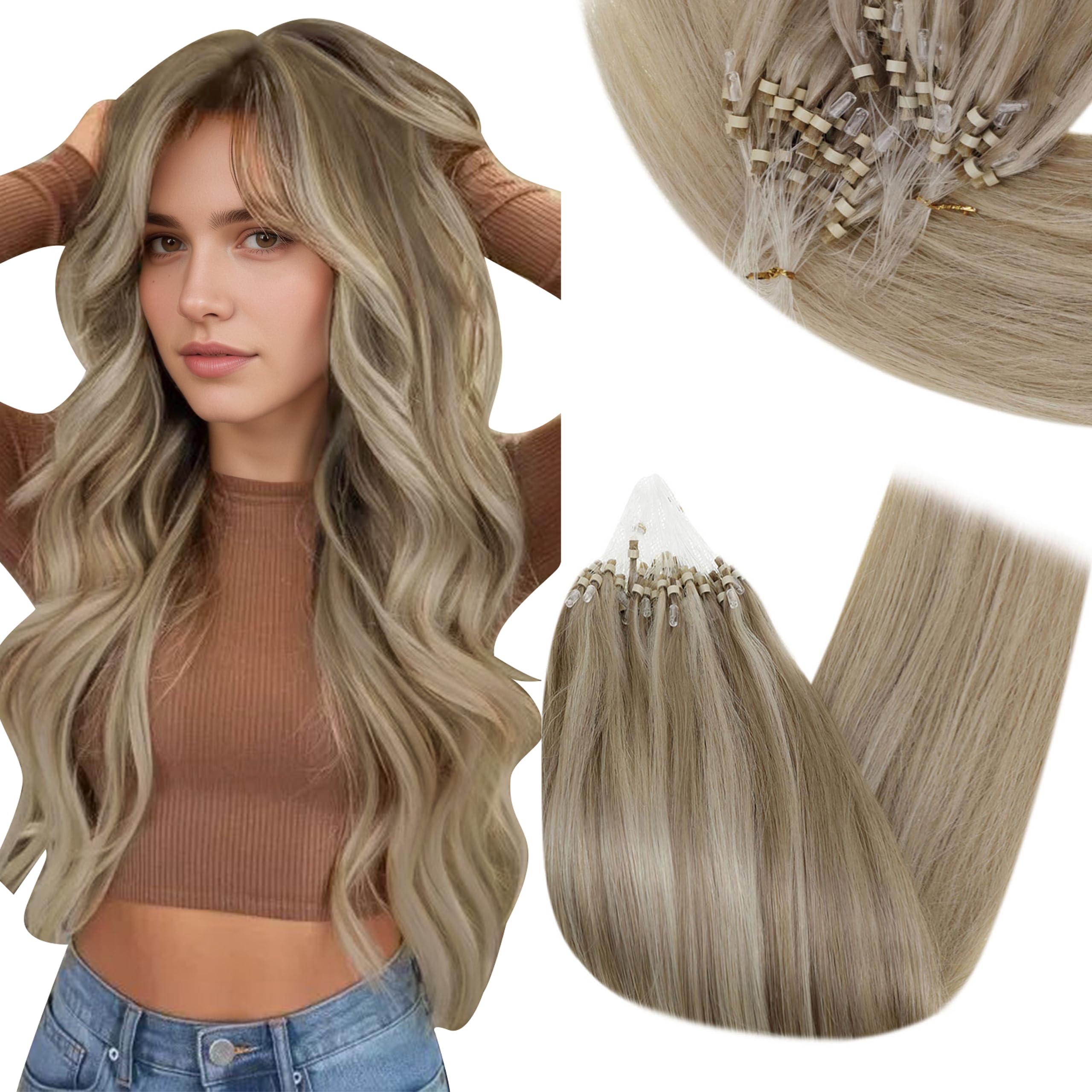 RUNATURE Micro Beads Hair Extensions Real Human Hair Blonde Micro Loop Hair Extensions Human Hair 24 Inch Remy Straight Highlight Light Brown Medium Blonde 50g 50s #p8/60 — image 1