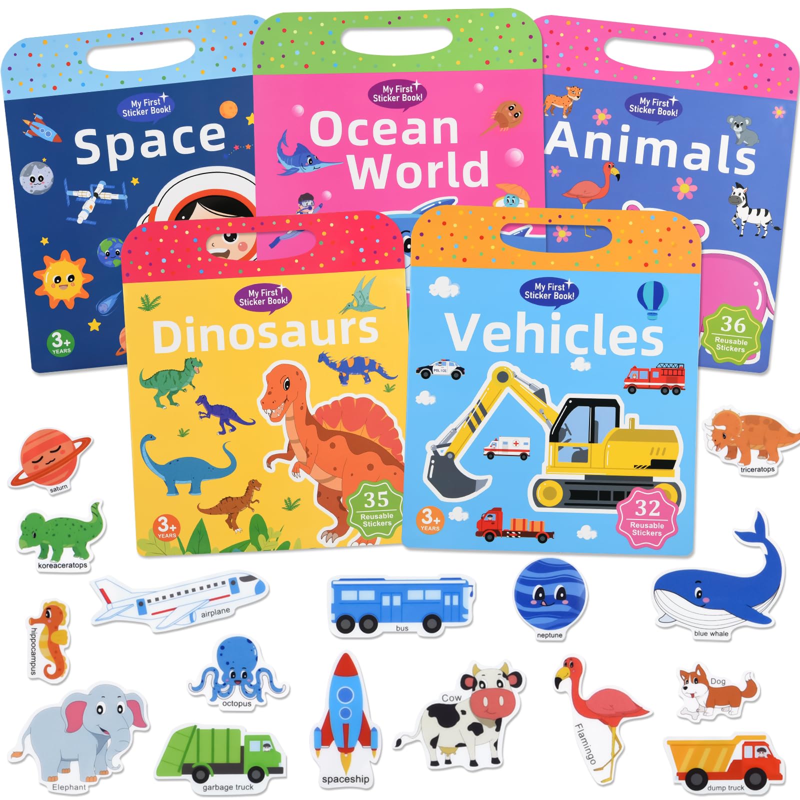 ASTARON 5 Pack Reusable 3D Puffy Sticker Books for Kids 3-6, Jelly Sticker Game Educational Sensory Learning Toy, Travel Toys and Busy Book