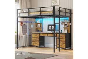 ADORNEVE Full Size Loft Bed with Desk and 8 Storage Drawers, Metal Loft Beds Full with LED Lights & Charging Sation, Heavy Duty Loft Bed Frame with 6 Storage Shelves, Space-Saving, Rustic Brown