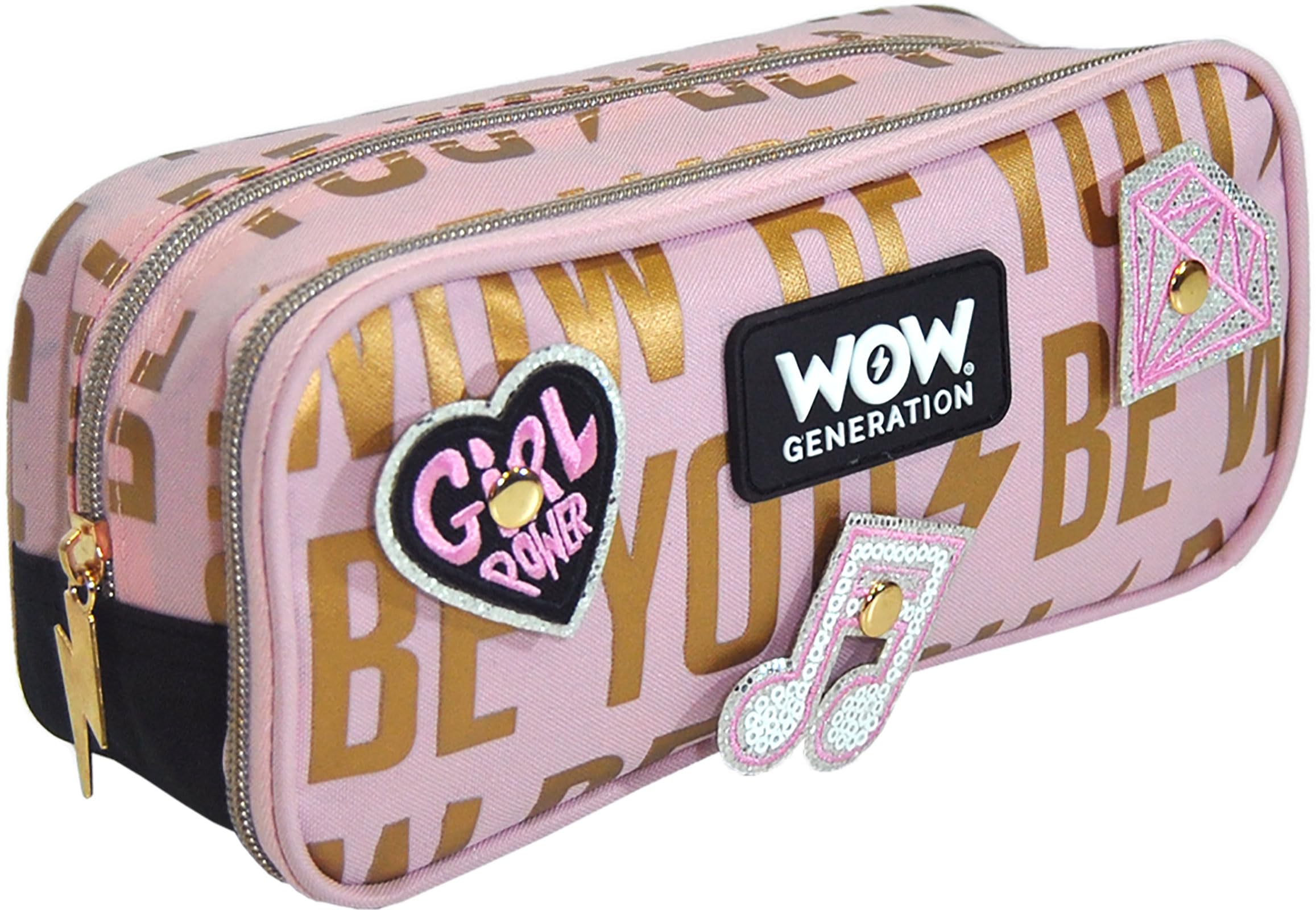 WOW GENERATION School Pencil Case for Kids Girls with Multiple Compartments Zipper and Patches