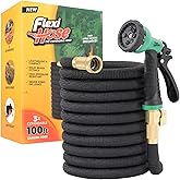 Flexi Hose Expandable Garden Hose with 8 Function Nozzle, 100FT - Lightweight Retractable Garden Hose, Water Hose - No-Kink Flexibility, 3/4 Inch Solid Brass Fittings and Double Latex Core