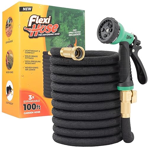 Flexi Hose with 8 Function Nozzle, 100FT - Lightweight Expandable Garden Hose, No-Kink Flexibility, 3/4 Inch Solid Brass Fittings and Double Latex Core