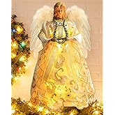 Angel Tree Topper with Lights, 12'' Christmas Tree Topper Angel, Battery Operated Lighted Treetop Ornaments, Elegant Christmas Tree Decorations for Indoor Office Holiday