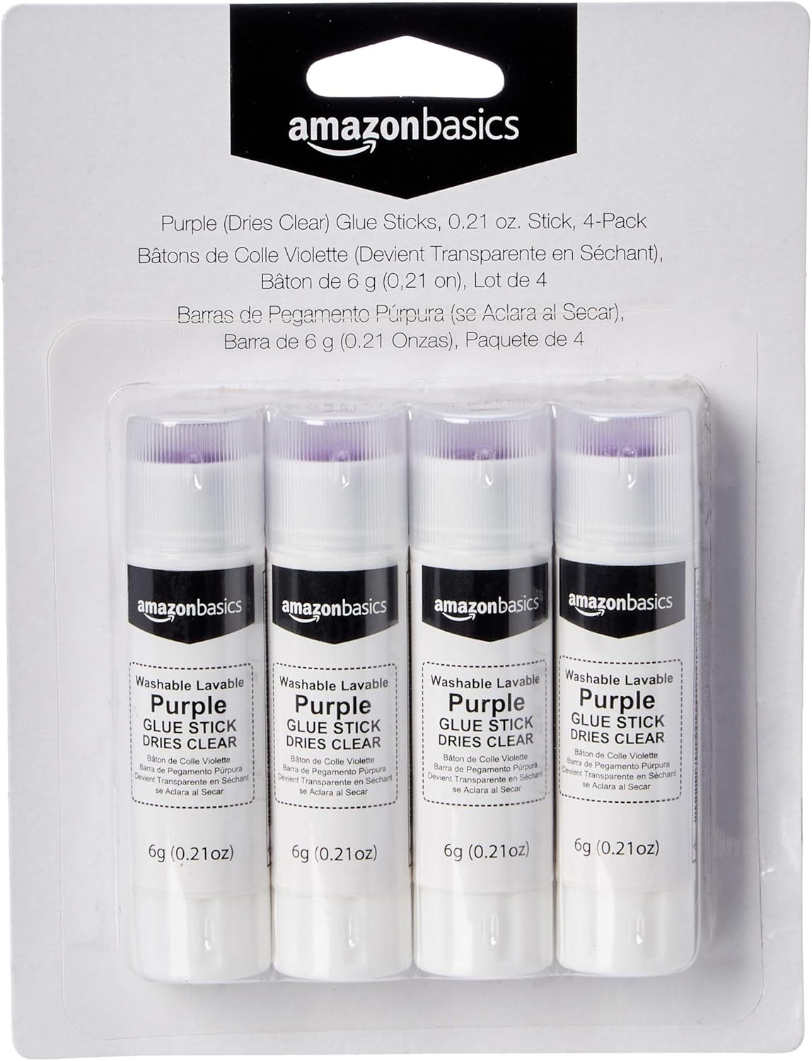 Basics Purple Washable School Glue Sticks, Dries Clear, 0.21 oz Stick, 4-Pack : Office Products