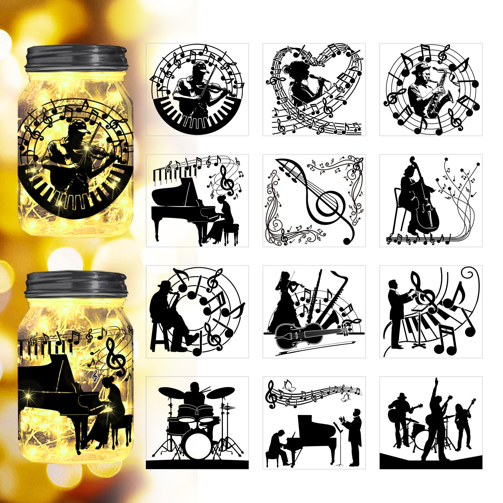 Peacoblue Musician with Instruments Silhouette Cutouts for Jars, Mason Can, Glass, Wishing Bottle Decor(No Stickers), 12Pcs Reusable Silhouette Lantern DIY Craft Kit Jar Decals Art Mural Garden Home