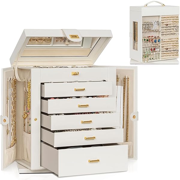 AKOZLIN JEWELRY BOX 6-TIER ORGANIZER FUNCTIONAL 360° ROTATING JEWELRY STORAGE CASE FOR WOMEN GIRLS RING NECKLACE EARRING BRACELET HOLDER WITH MIRROR