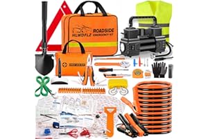 HLWDFLZ Car Emergency Kit with Portable Air Compressor - Roadside Assistance Emergency Kit with Jumper Cables, First Aid Kit, Auto Tool Set, Winter Safety Kit for Women, Men, Teen (Orange)