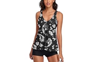 Omichic Modest Tankini Swimsuits for Women Two Piece Bathing Suits Floral Print Tank Top with Boyshorts