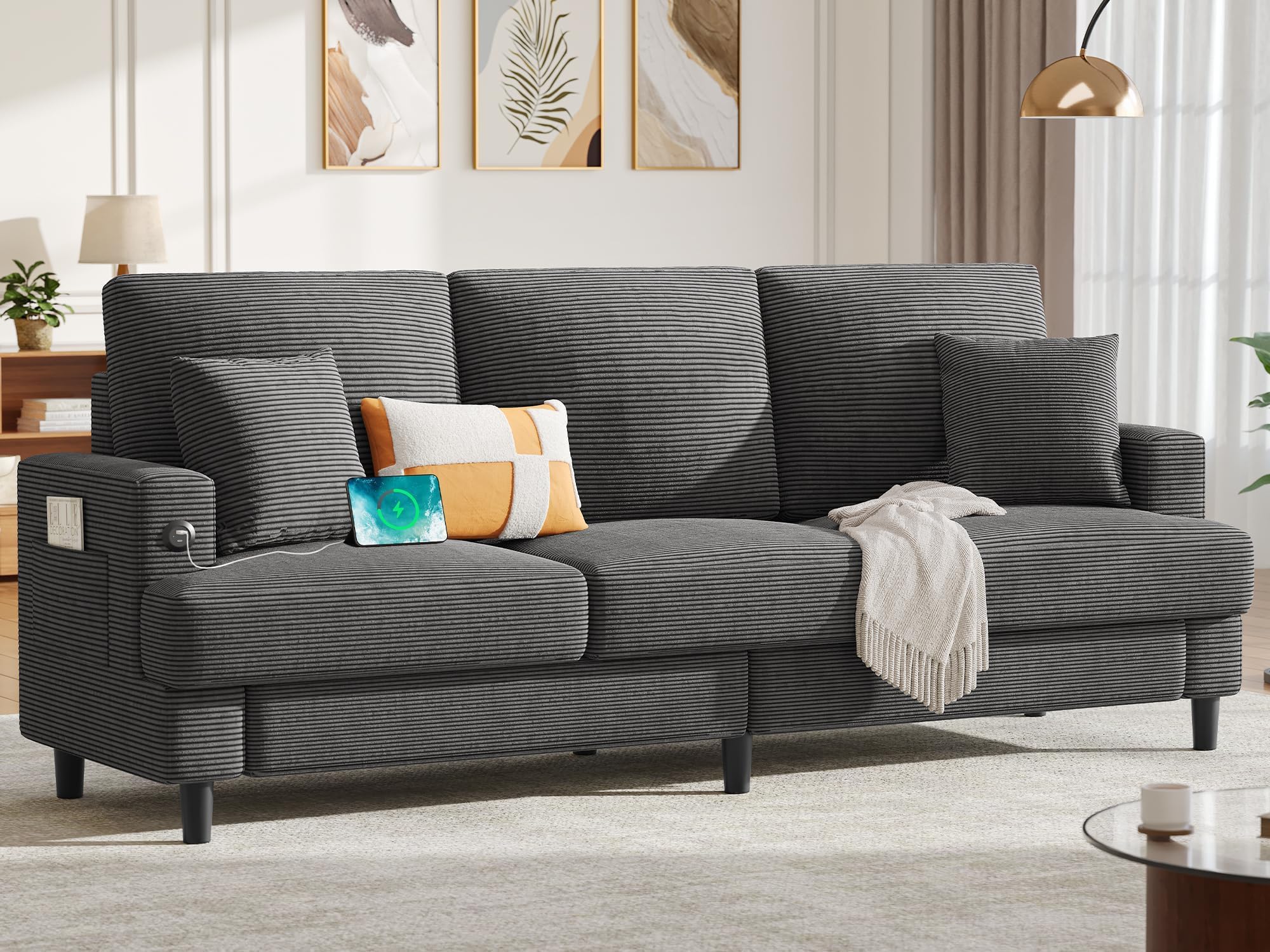 Photo 1 of **MISSING CUSHIONS**


YITAHOME 88 inch 3 Seater Couch, Cloud Couches Sofas for Living Room with Extra Deep Seats, Modern Corduroy Comfy Sectional Sofa with USB & Type-C Ports for Apartment Small Space, Grey