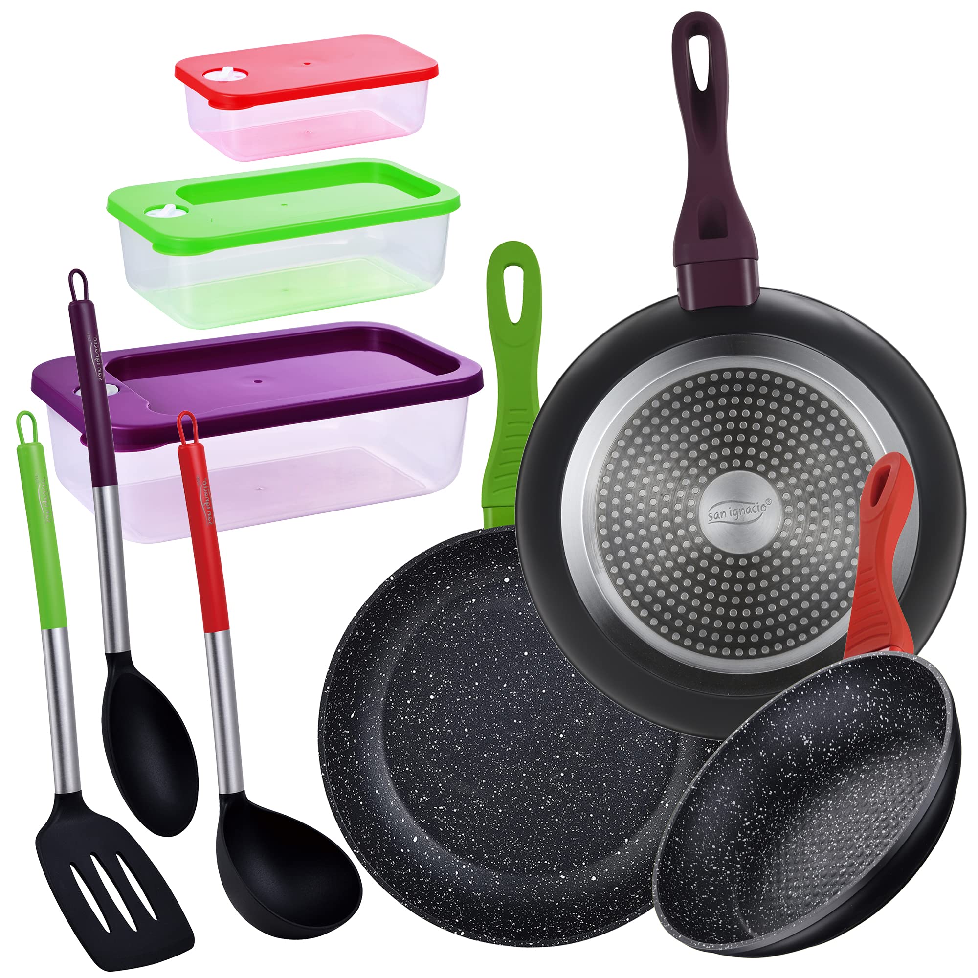 San Ignacio Frying Pans Ø22 Ø24 and Ø28 3 Airtight + Set of Kitchen Tools Jolie, Forged Aluminium, Induction