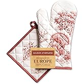 Maison d' Hermine 100% Cotton Oven Mitt & Pot Holder Set (7.5"x13" & 8"x8") Heat Resistant BBQ Cooking Gloves with Loop for Thanksgiving Christmas Decorations Handling Hot Pans (Holy Jouy - Red)
