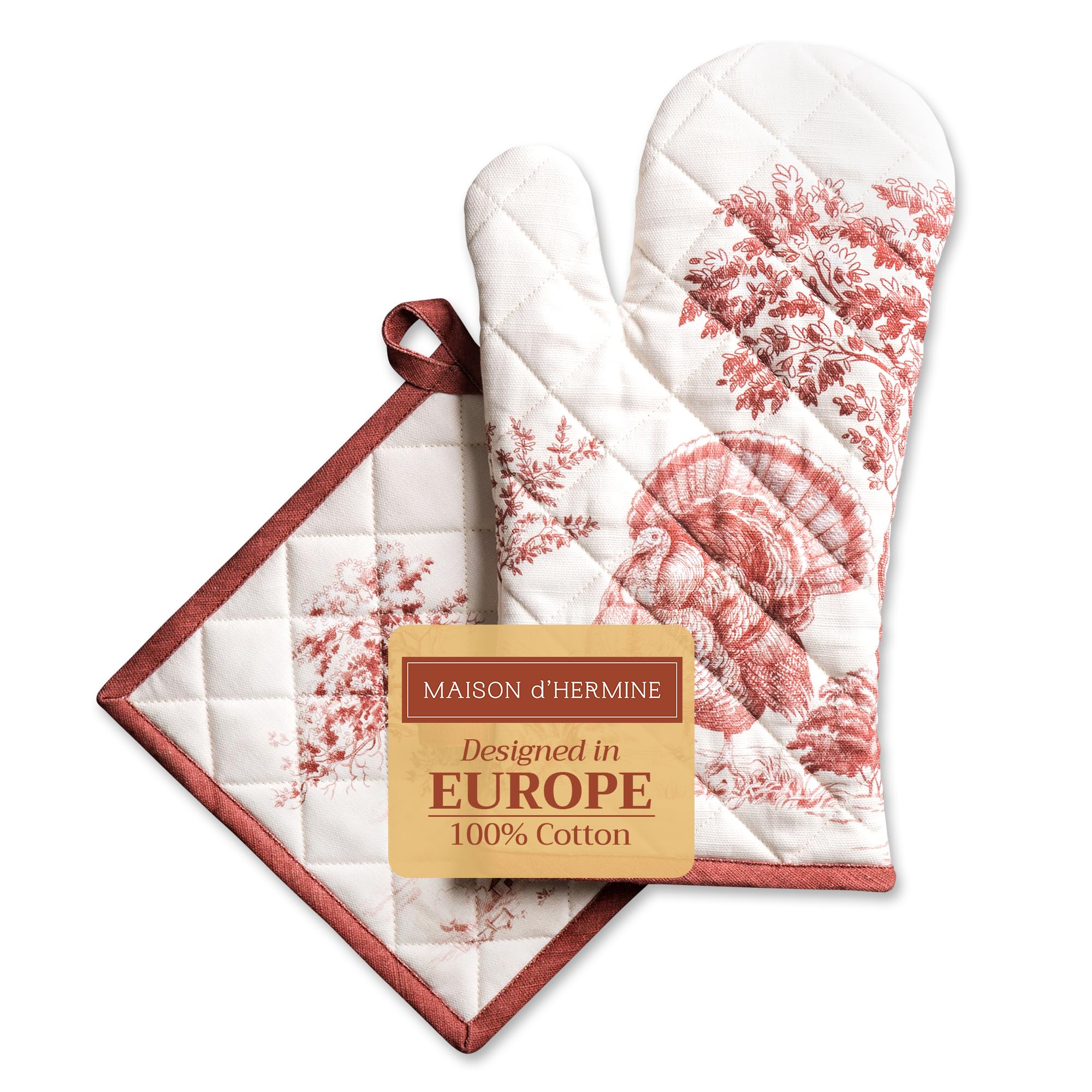 Maison d' Hermine 100% Cotton Oven Mitt & Pot Holder Set (19 x 33 cm & 20 x 20 cm) Heat Resistant BBQ Cooking Gloves with Loop for Christmas Decorations Baking Handling Hot Pans (Holy Jouy - Red) โ image 1