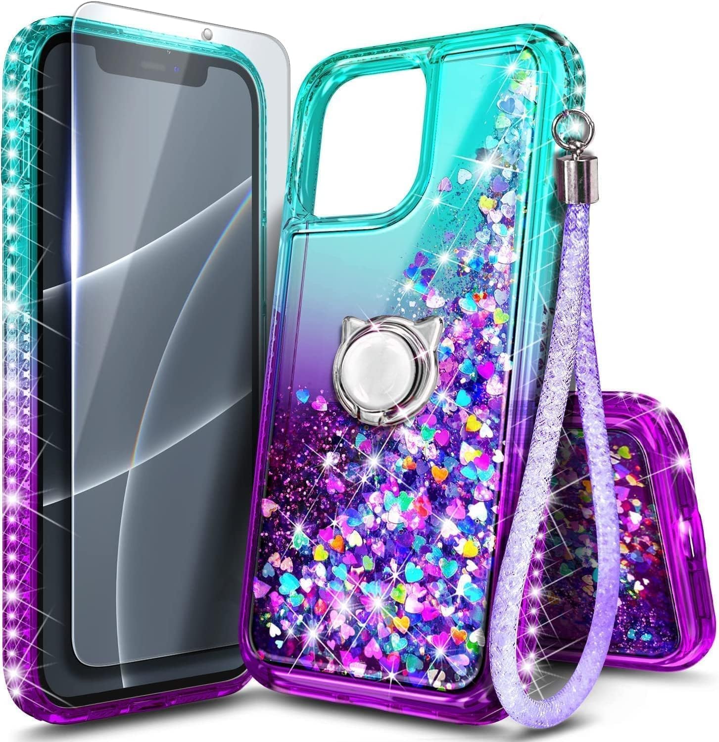 Photo 1 of NGB Supremacy Designed for iPhone XR Case with [Tempered Glass Screen Protector & Ring Holder/Lanyard Wrist Strap] for Girls Women Kids, Glitter Liquid Bling Cute Sparkle Cover (Aqua/Purple)