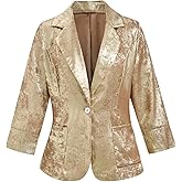 winkbay Women's 3/4 Sleeve Notched Lapel Collar Button Front Blazer Shiny Party Jacket with Pockets