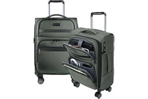 KROSER Softside Expandable Carry On Luggage with Front Business Pockets，20 Inch Suitcases with Spinner Wheels & Built-in TSA Lock, Durable Suitcase Rolling Luggage with USB Port, Army Green