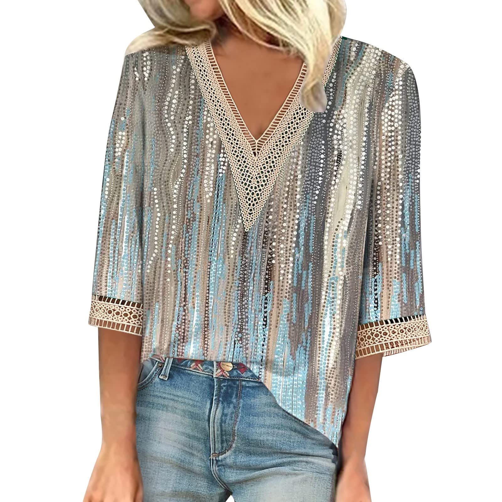 Tops for Women Casual Spring 3/4 Length Sleeve Tops