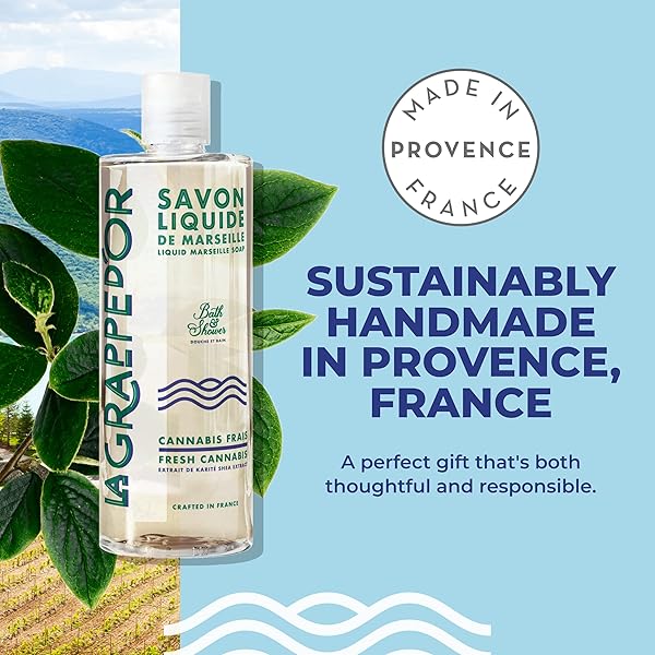 LA GRAPPE D’OR FRESH CANNABIS SCENT MARSEILLE SOAP BODY WASH ENRICHED WITH MOISTURIZING SHEA & ESSENTIAL OILS | MADE IN FRANCE FROM ORGANIC OLIVE & COCONUT OIL | NATURAL & VEGAN, 13.5 OZ LIQUID